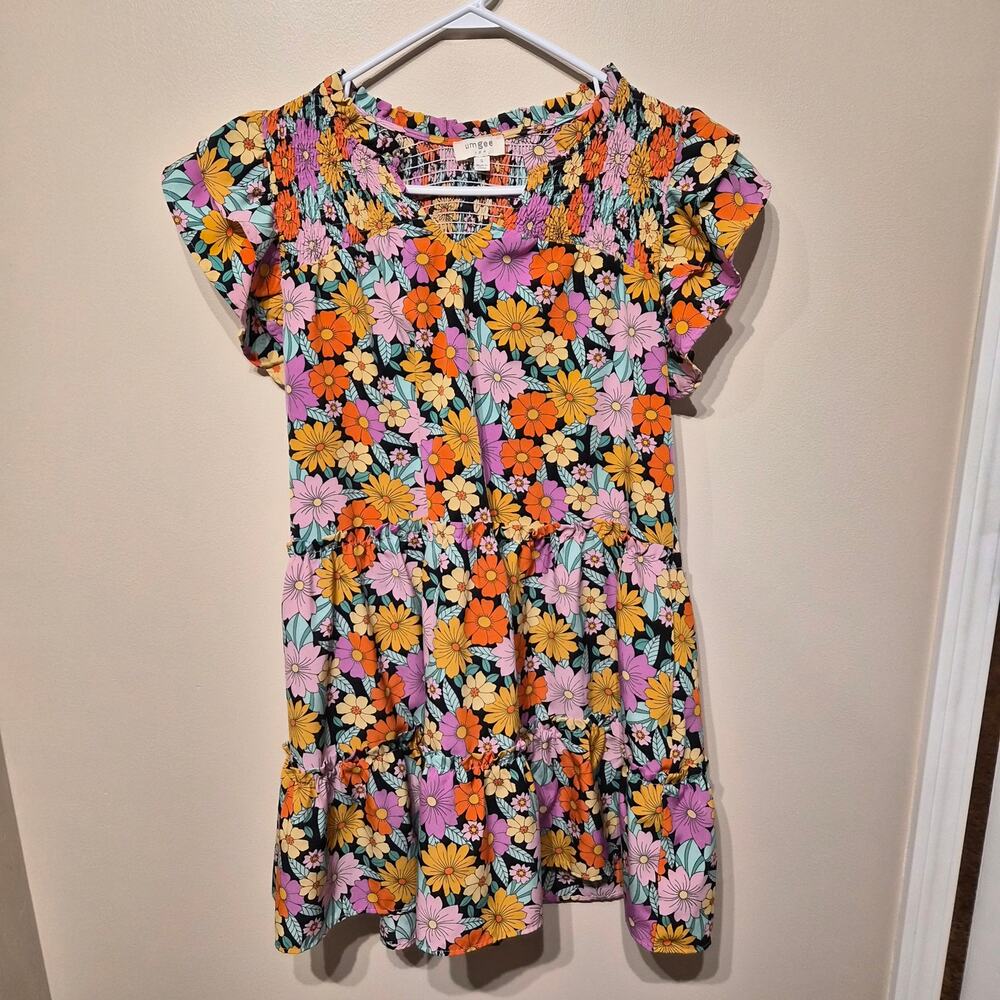 Umgee Small Vibrant Floral Mini Dress Smocked Yoke Ruffle Sleeve Colorful